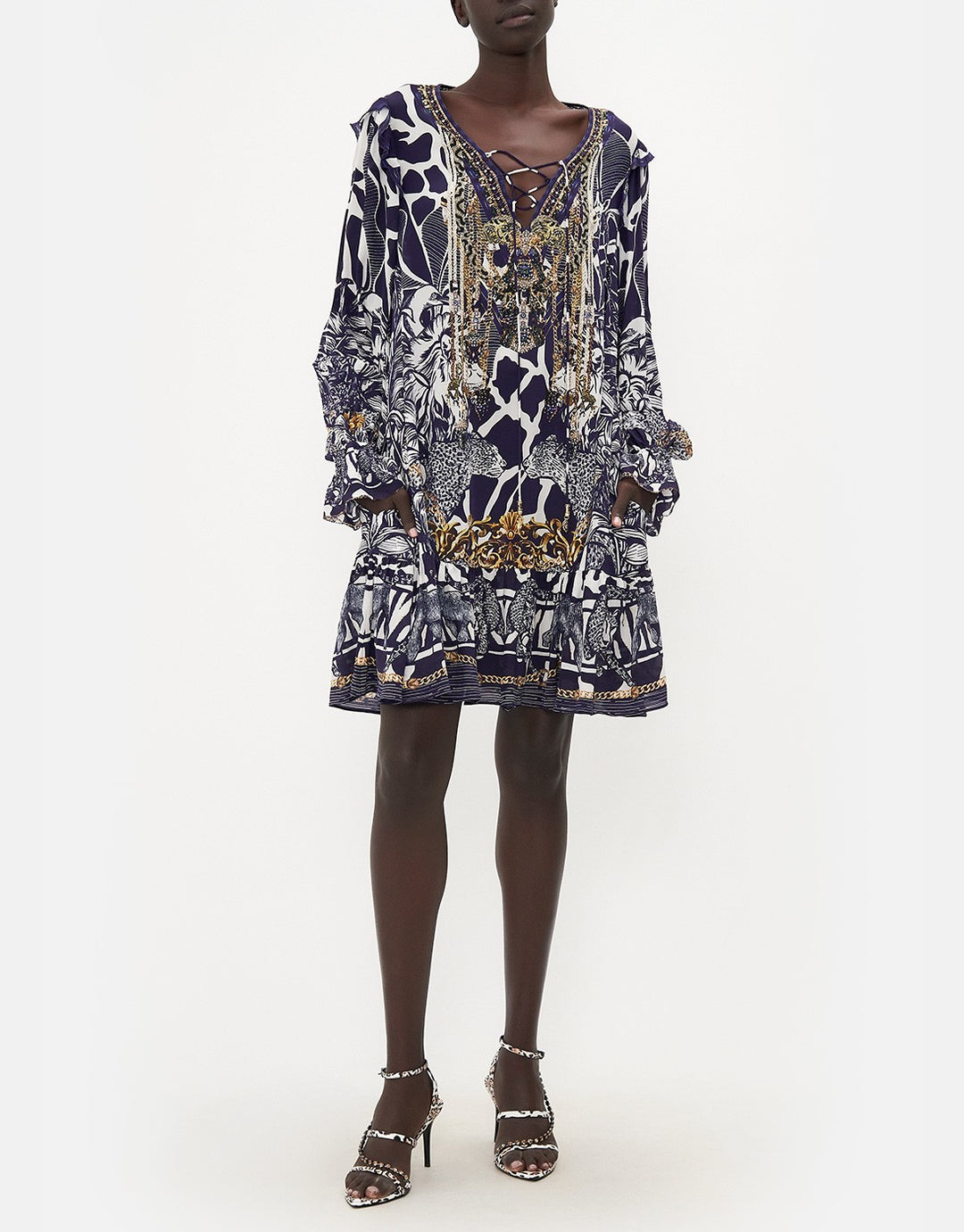 Camilla Ruffle Lace Up Silk Mini Dress, Where's Your Head At Print
