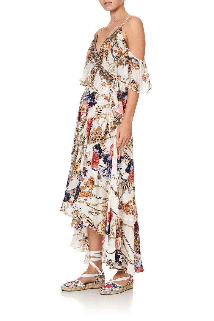 Camilla Ruffle Overlay Wrap Dress, Reign Supreme Ivory Floral Silk