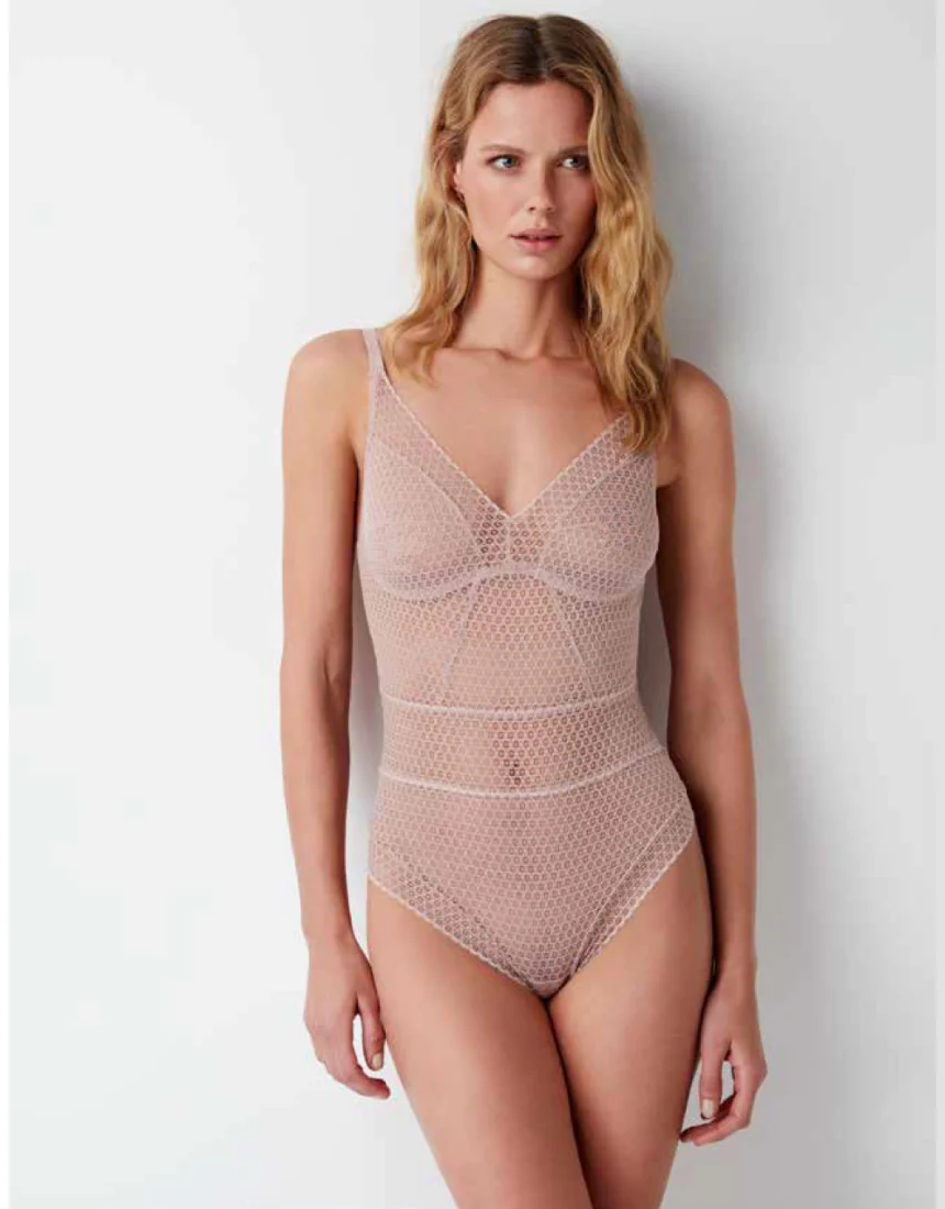 Pointelle Soft Cup Full Coverage Bodysuit in Chalk Pink