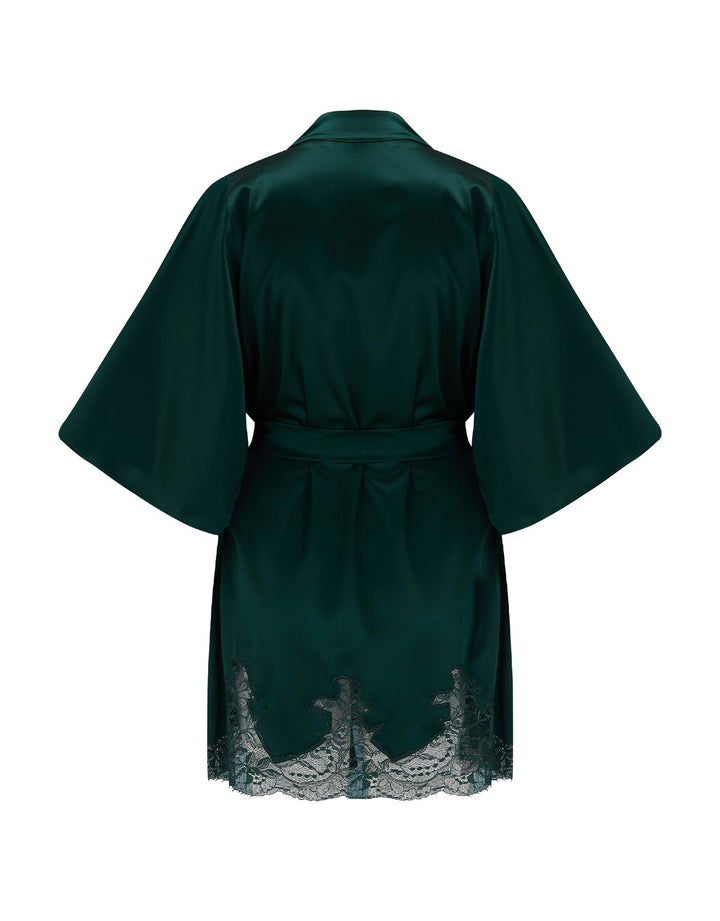 Fleur of England Ela Silk & Lace Short Robe Emerald Green 