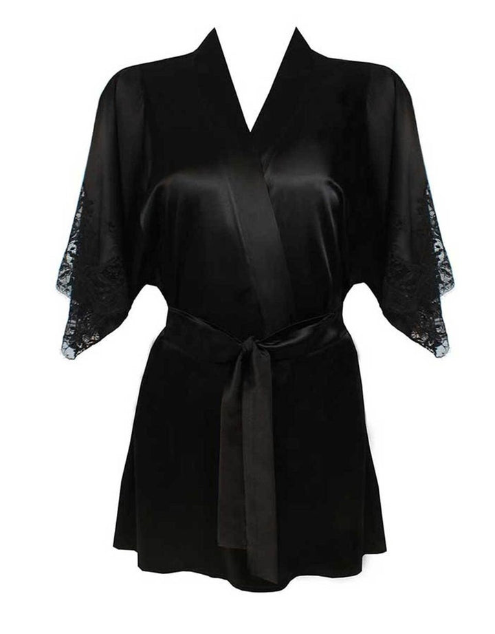 Fleur of England Signature Black Silk & Lace Short Robe
