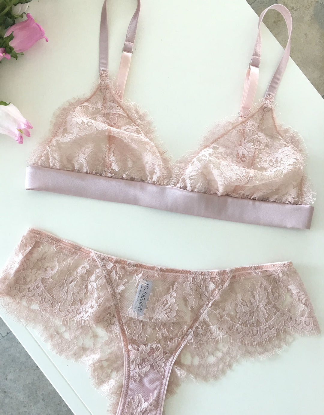 Triangle Bra in pale pink Lycra with Leavers lace