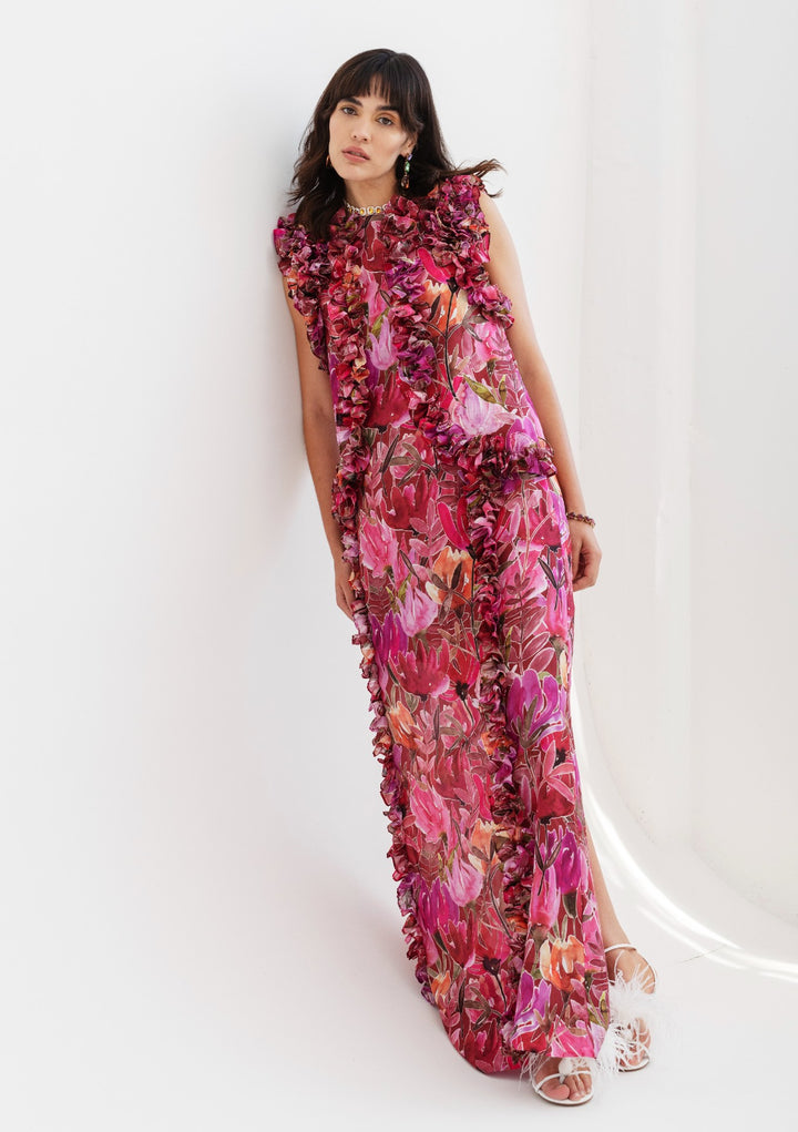 Isla & White Senta Long Silk Dress with Ruffles, Pink Summer Floral