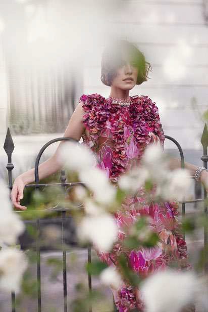 Isla & White Senta Long Silk Dress with Ruffles, Pink Summer Floral