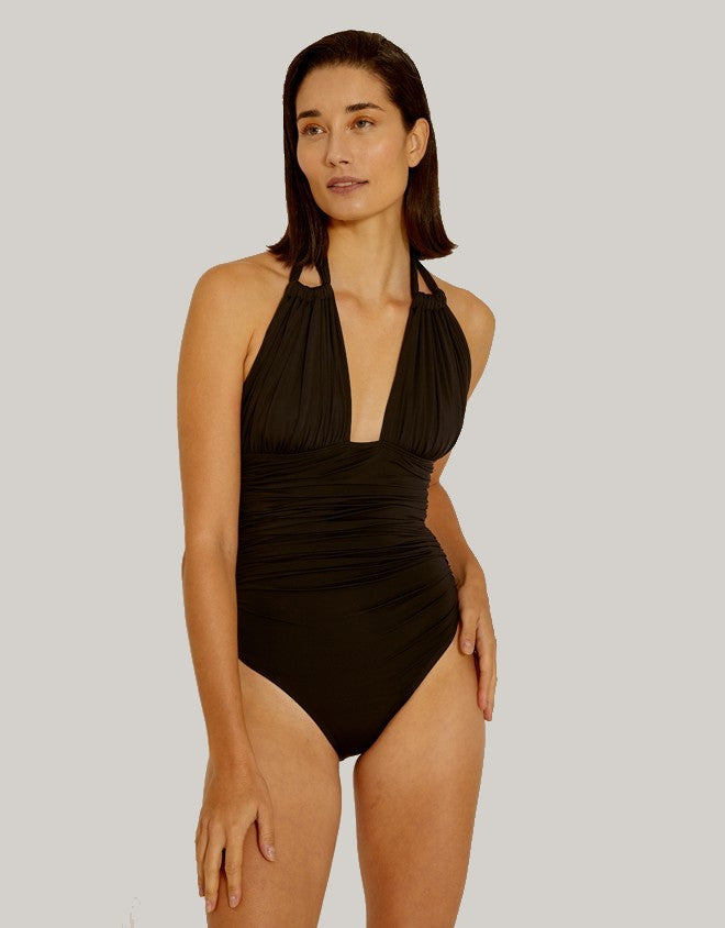 Lenny Niemeyer Ruched Adjustable Halter One Piece Swimsuit Black front
