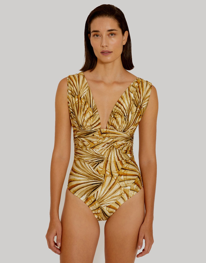 Lenny Niemeyer Draped V Neck One Piece Swimsuit Amalfi Gold Print
