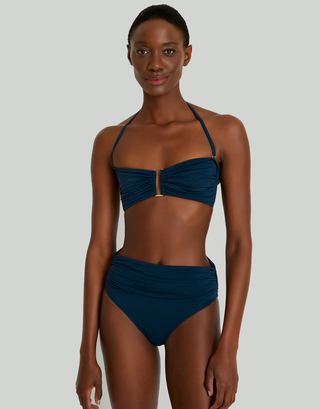 Dark blue high waisted top bikini bottoms