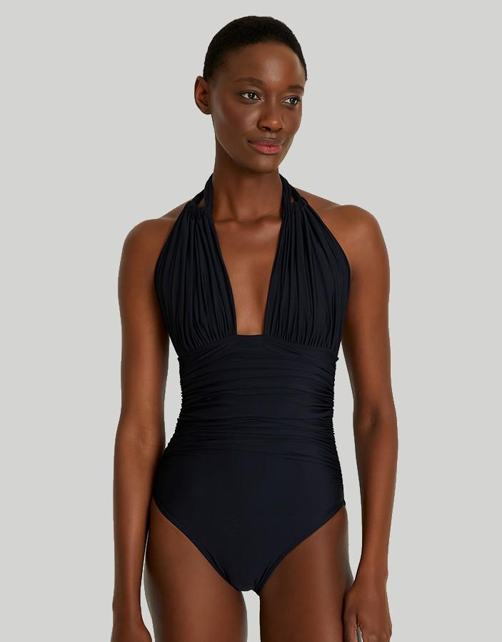 Ruched Halter One Piece Swimsuit Black