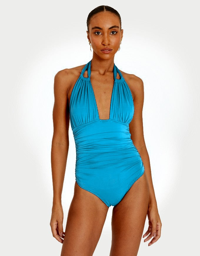 Lenny Niemeyer Ruched Halter Adjustable One Piece Atoll Blue