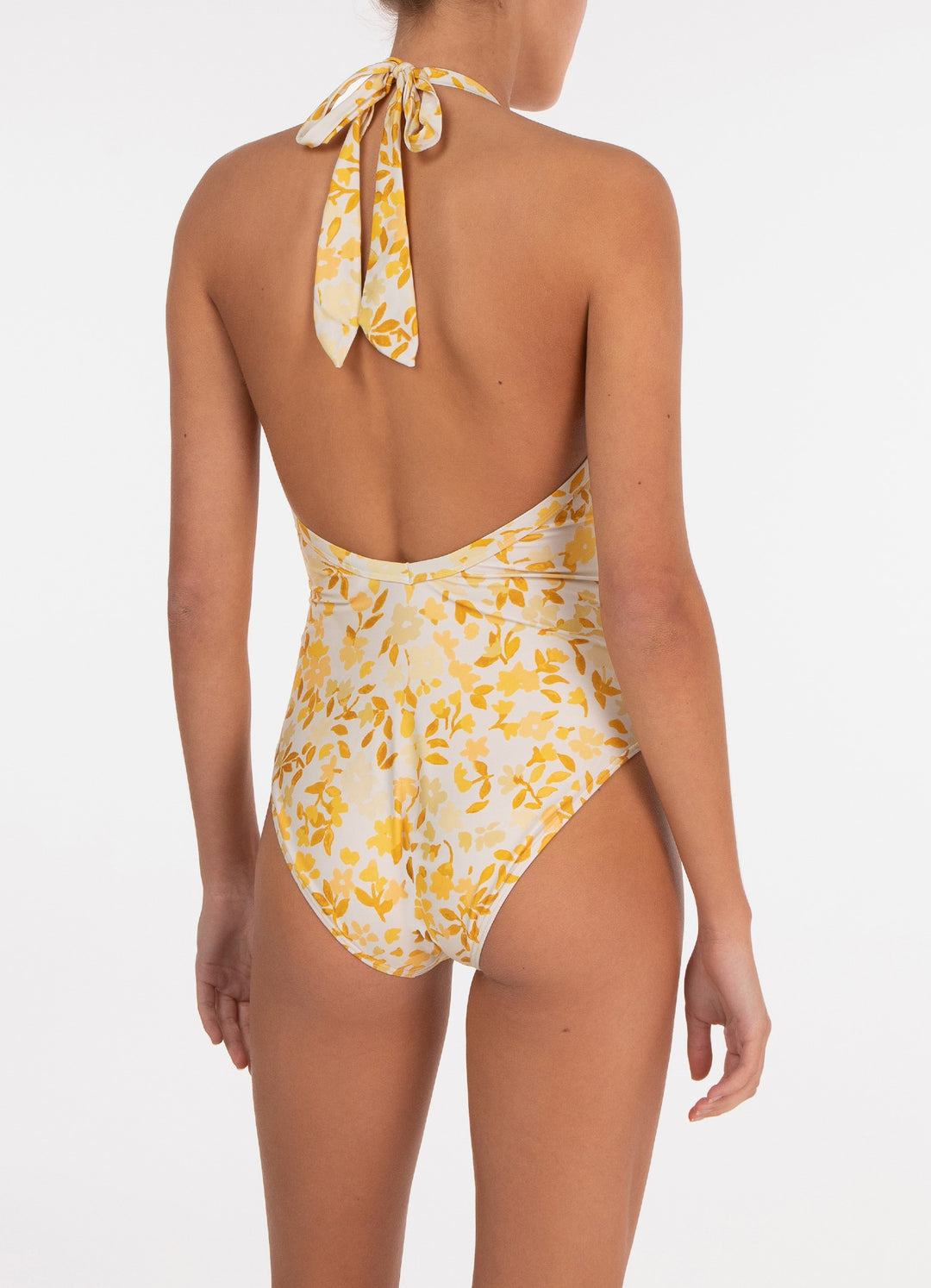 Peony Swimwear Halter One Piece Swimsuit, Daffodil Yellow Floral