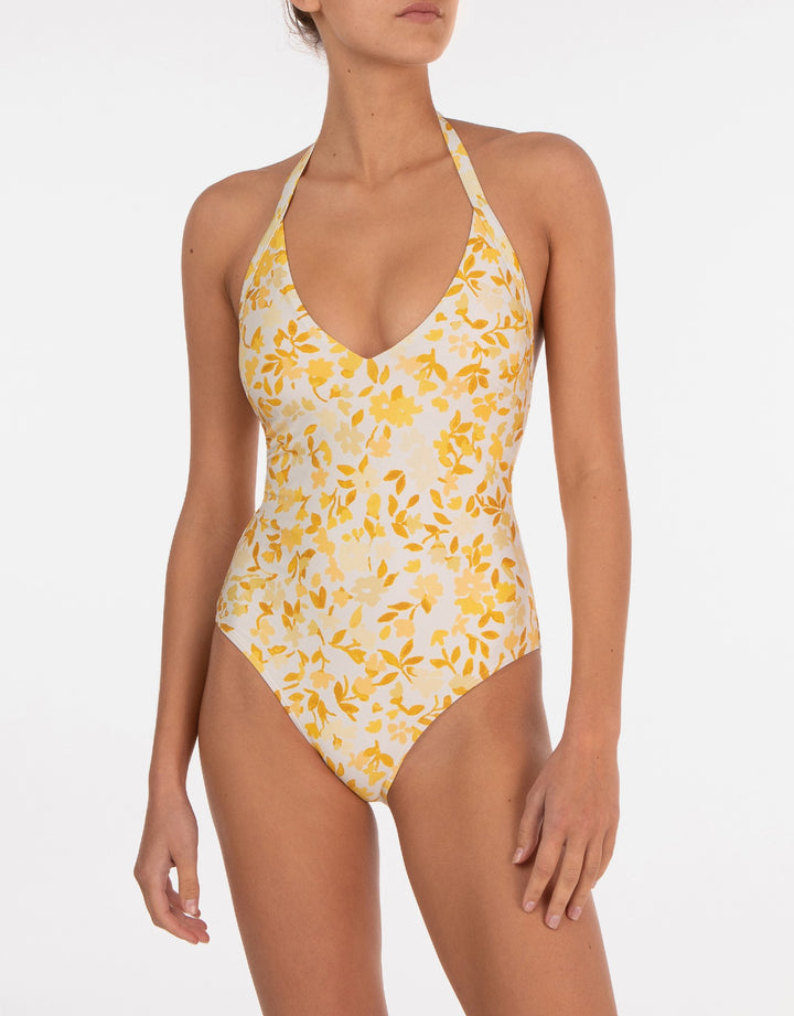 Halter One Piece Swimsuit, Daffodil Yellow Floral