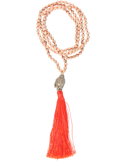 
  
  Buddha Head Bead Necklace, Orange Tassel
  
