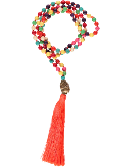 Buddha Head Bead Necklace, Orange Tassel