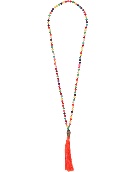 Buddha Head Bead Necklace, Orange Tassel