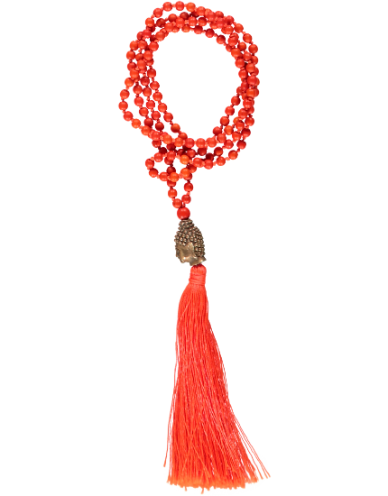 
  
  Buddha Head Bead Necklace, Orange Tassel
  
