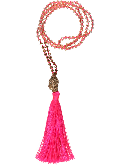 Buddha Head Bead Necklace, Pink Tassel