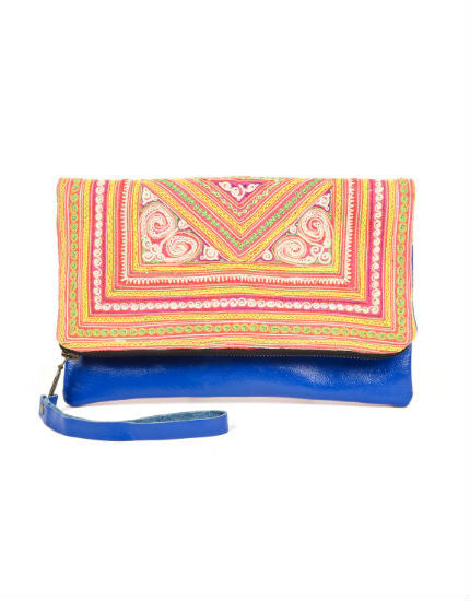 Large Charlotte Clutch with Blue Leather & Embroidery